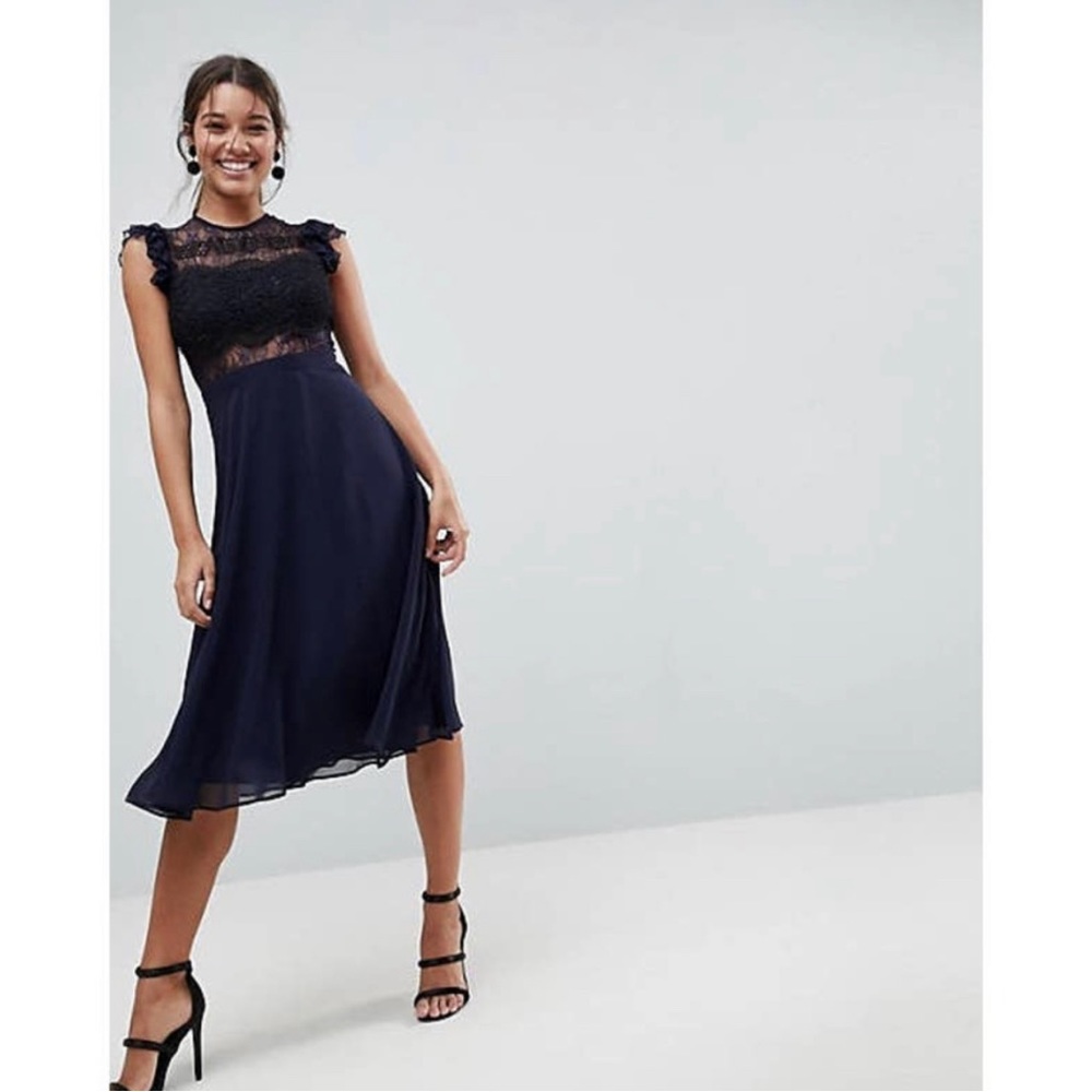 ASOS Frill Sleeve Lace Midi Dress Size 8 Cocktail Sexy Navy Blue Flowy Party